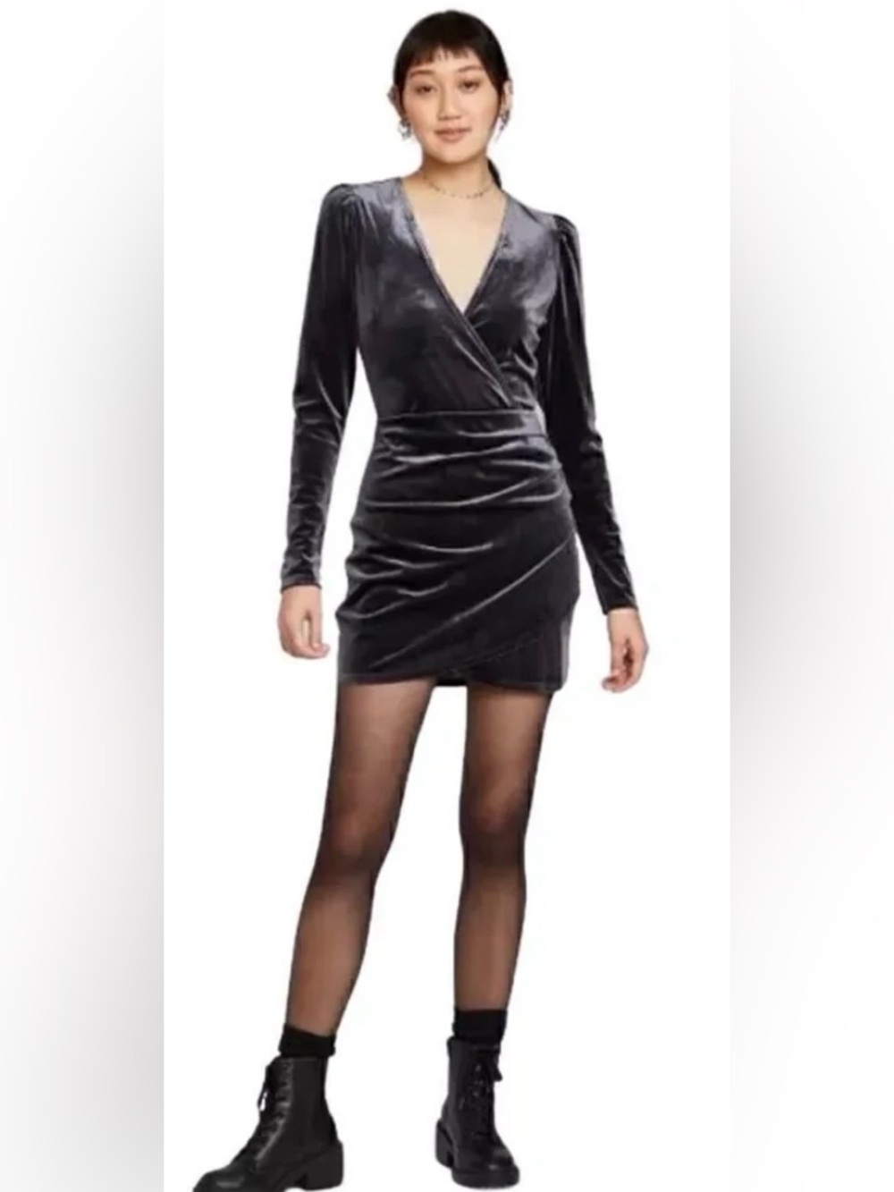 wild fable Velvet Long-Sleeve Mini Dress in Charcoal Gray
